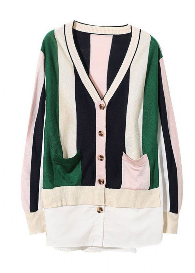 Chic Colorblock Col En V Patchwork Rayé Tricot Cardigans Printemps - Cardigans femmes