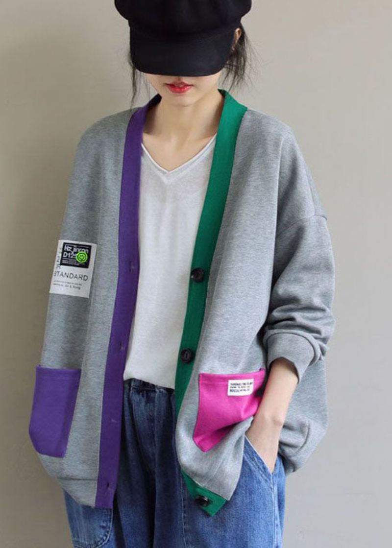 Chic Gris Col En V Patchwork Coton Cardigans Manteaux Printemps