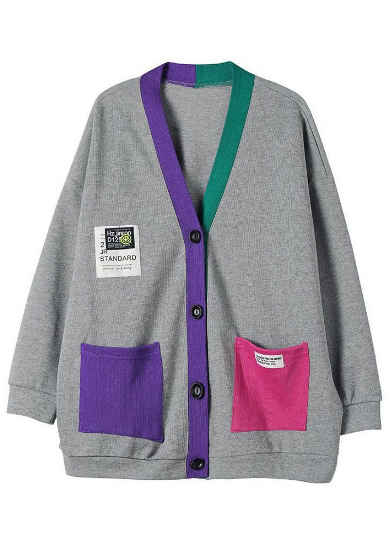 Chic Gris Col En V Patchwork Coton Cardigans Manteaux Printemps - Cardigans femmes