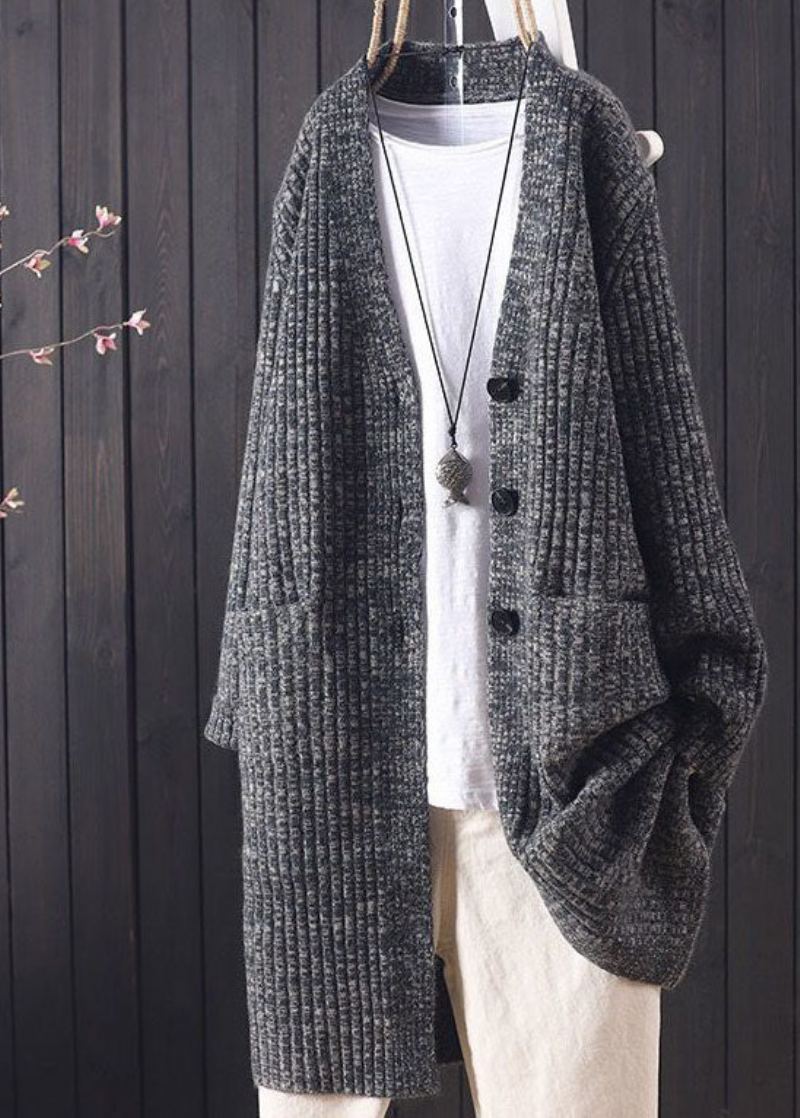 Chic Gris Col En V Poches Chaud Tricot Long Cardigan Hiver