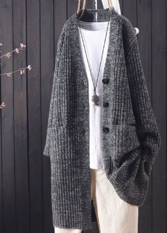 Chic Gris Col En V Poches Chaud Tricot Long Cardigan Hiver