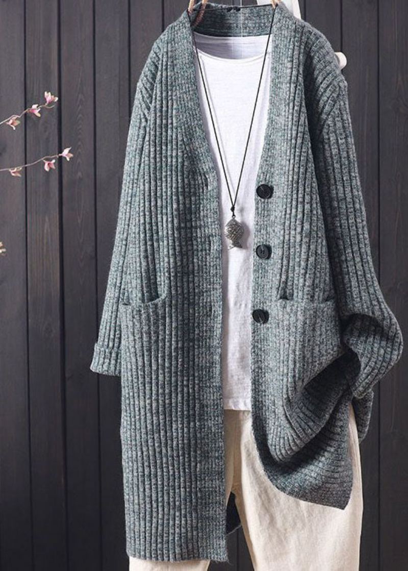 Chic Gris Col En V Poches Chaud Tricot Long Cardigan Hiver - Cardigans femmes