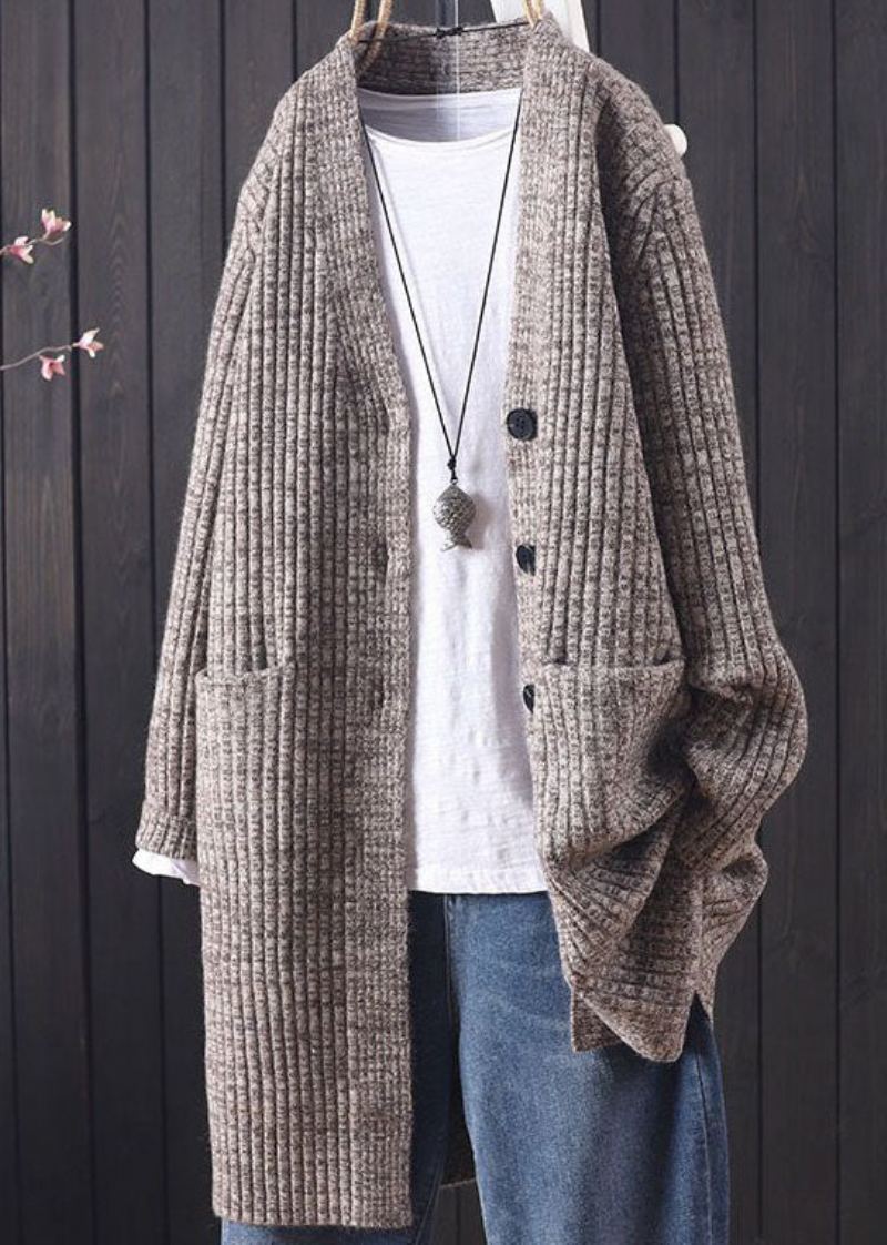 Chic Gris Col En V Poches Chaud Tricot Long Cardigan Hiver - Cardigans femmes