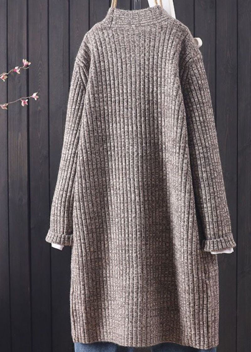 Chic Gris Col En V Poches Chaud Tricot Long Cardigan Hiver - Cardigans femmes