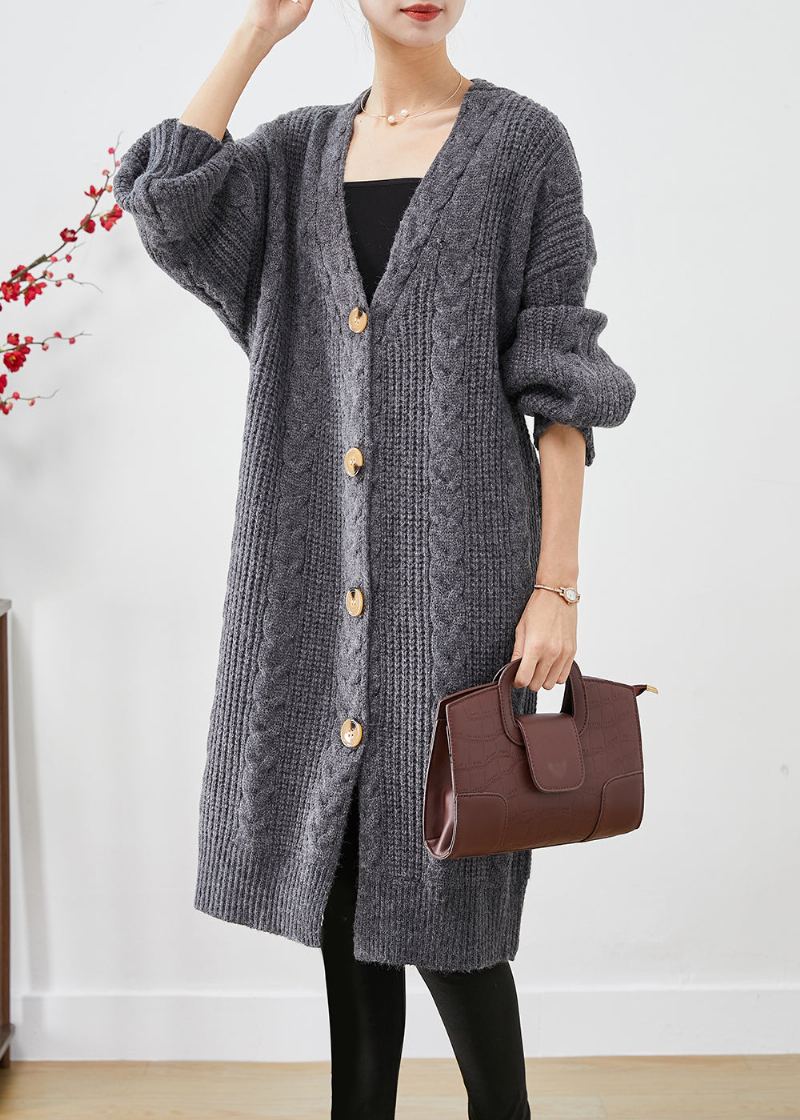 Chic Gris Terne Col En V Bouton Épais Câble Tricot Longs Cardigans Automne - Cardigans femmes