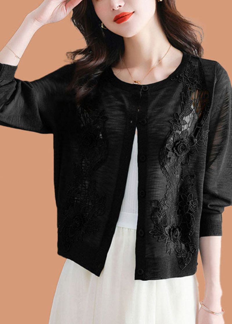 Chic Noir Floral Glace Taille Tricot Cardigans Été - Noir