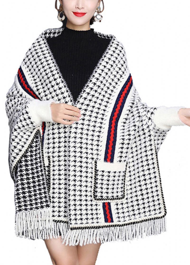 Chic Plaid Poches À Gland Patchwork Tricot Mélangé Cardigans Automne - Cardigans femmes