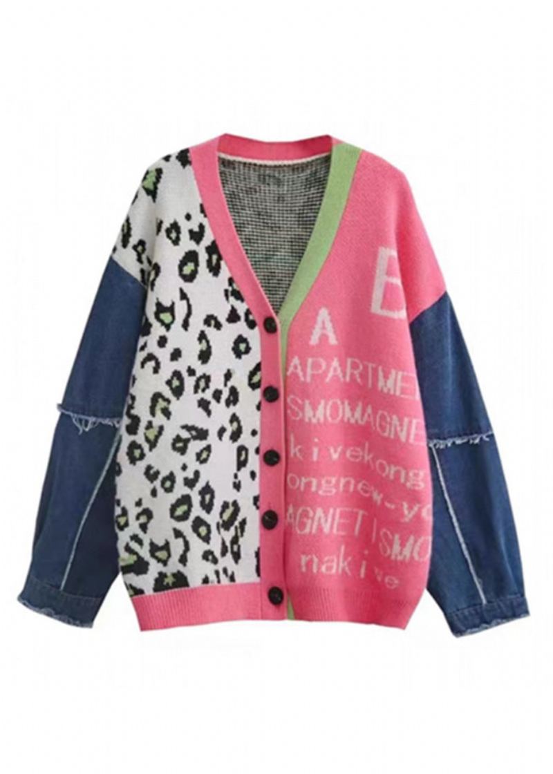 Chic Rose Col En V Imprimé Denim Patchwork Tricot Cardigan Printemps - Cardigans femmes