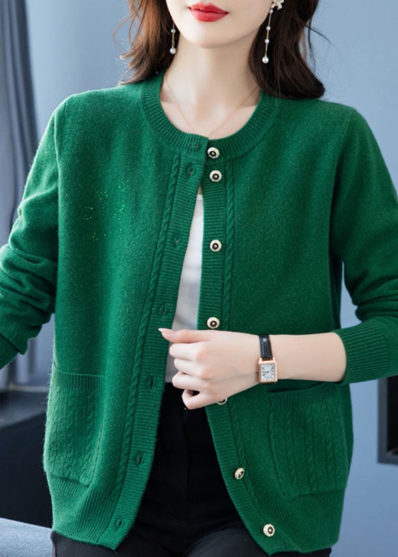 Chic Vert Poches Bouton Patchwork Laine Épaisse Manteau Ample Automne