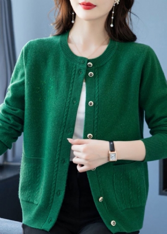 Chic Vert Poches Bouton Patchwork Laine Épaisse Manteau Ample Automne