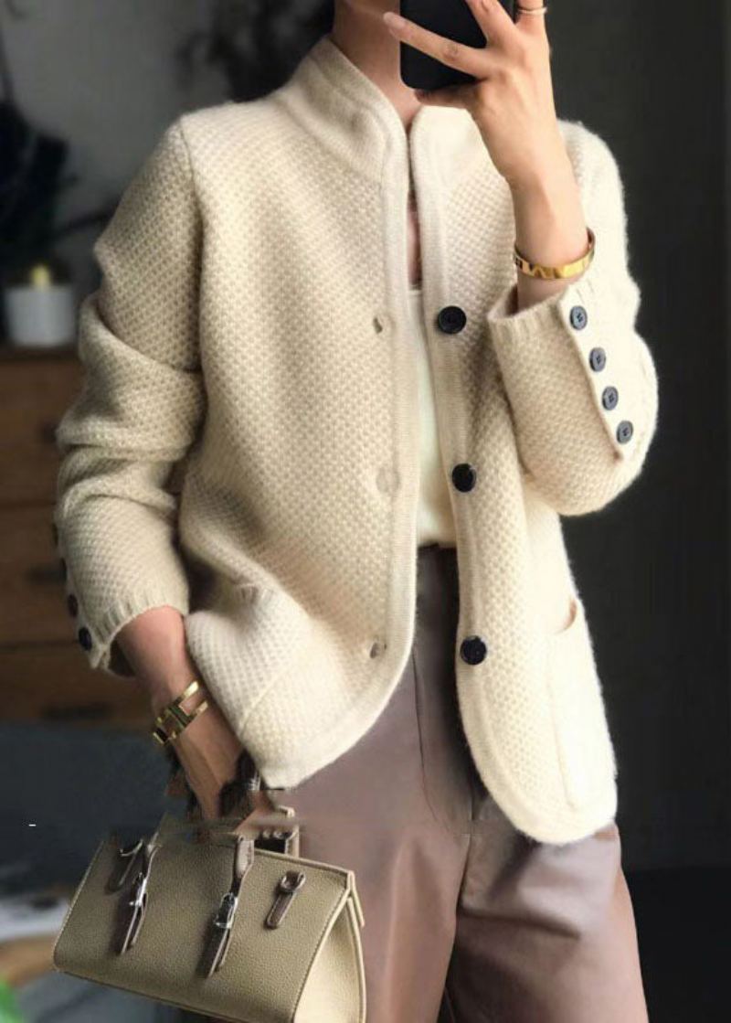 Élégant Beige Col Montant Coupe Slim Bouton Cachemire Cardigans Printemps - Cardigans femmes