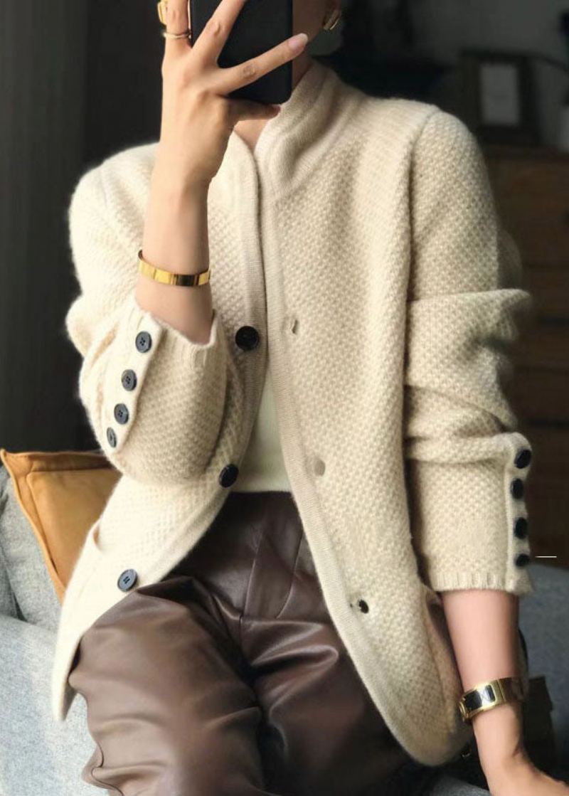 Élégant Beige Col Montant Coupe Slim Bouton Cachemire Cardigans Printemps - Cardigans femmes