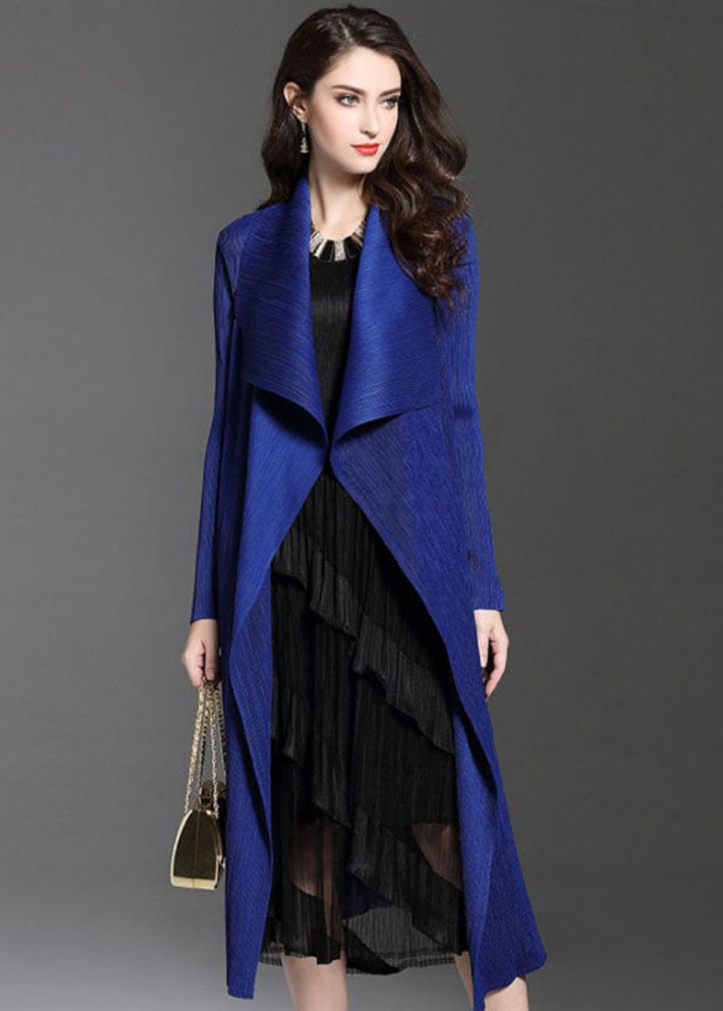 Élégant Bleu Col Claudine Froissé Patchwork Soie Trench Automne