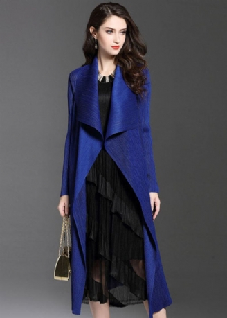 Élégant Bleu Col Claudine Froissé Patchwork Soie Trench Automne