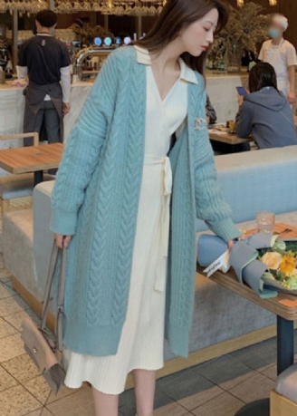 Élégant Bleu Col En V Confortable Long Cardigan En Tricot Printemps