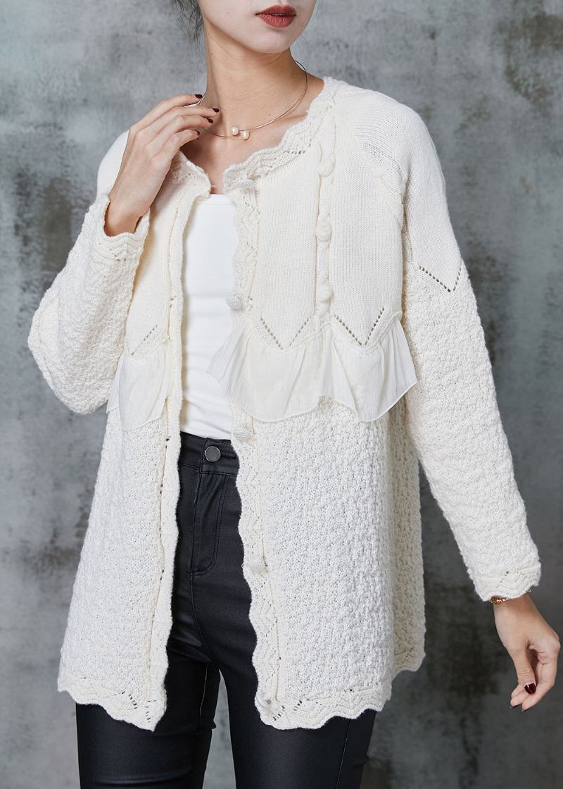 Élégant Manteau En Tricot Patchwork À Volants Blancs Vêtements D'extérieur Printemps - Cardigans femmes