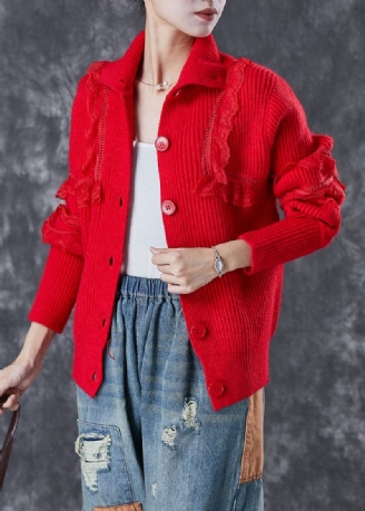 Élégant Rouge Col Claudine Dentelle Patchwork Tricot Manteaux Hiver