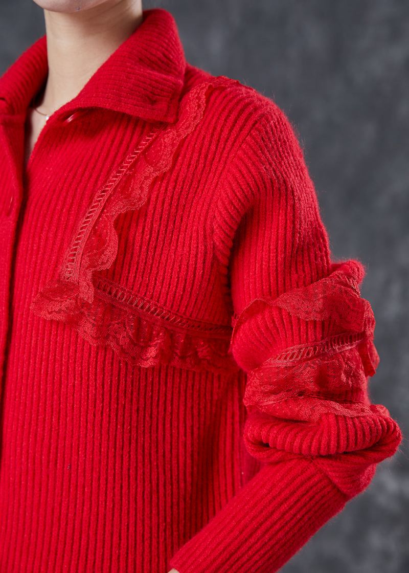 Élégant Rouge Col Claudine Dentelle Patchwork Tricot Manteaux Hiver - Cardigans femmes