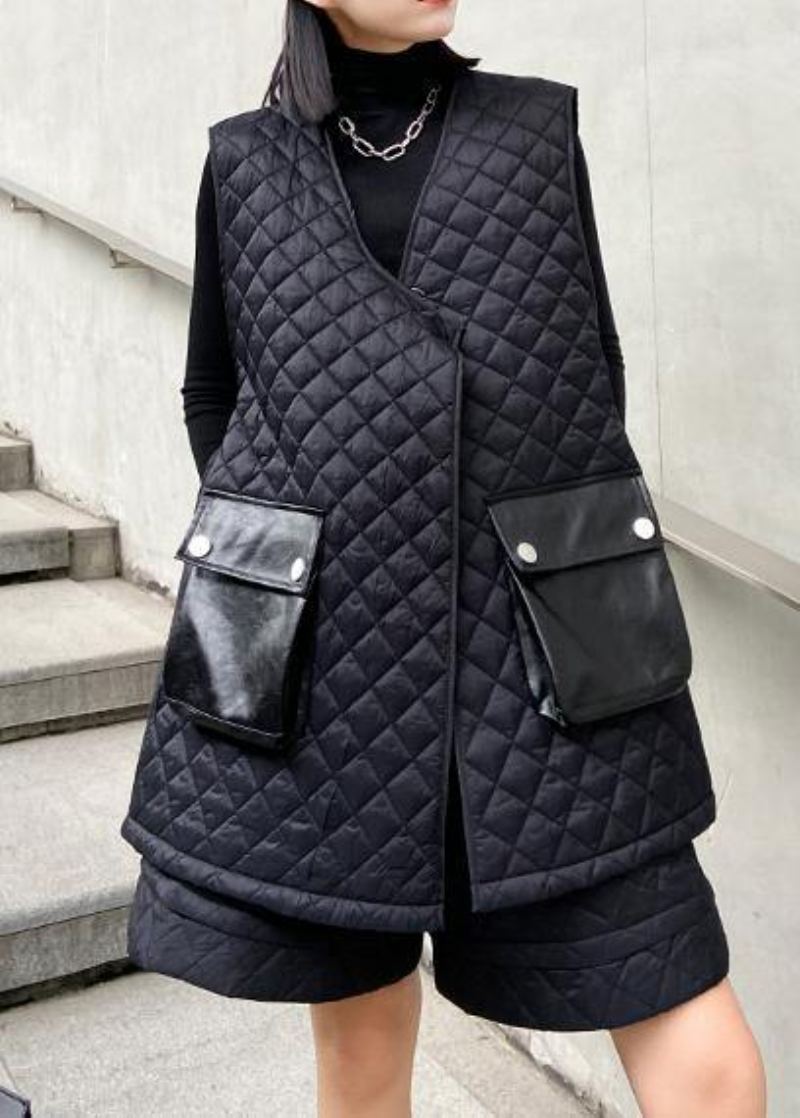 Ensemble Deux Pièces Noir En Coton Pour Femmes Gilet Et Short Mode Occidentale Rétro - Cardigans femmes