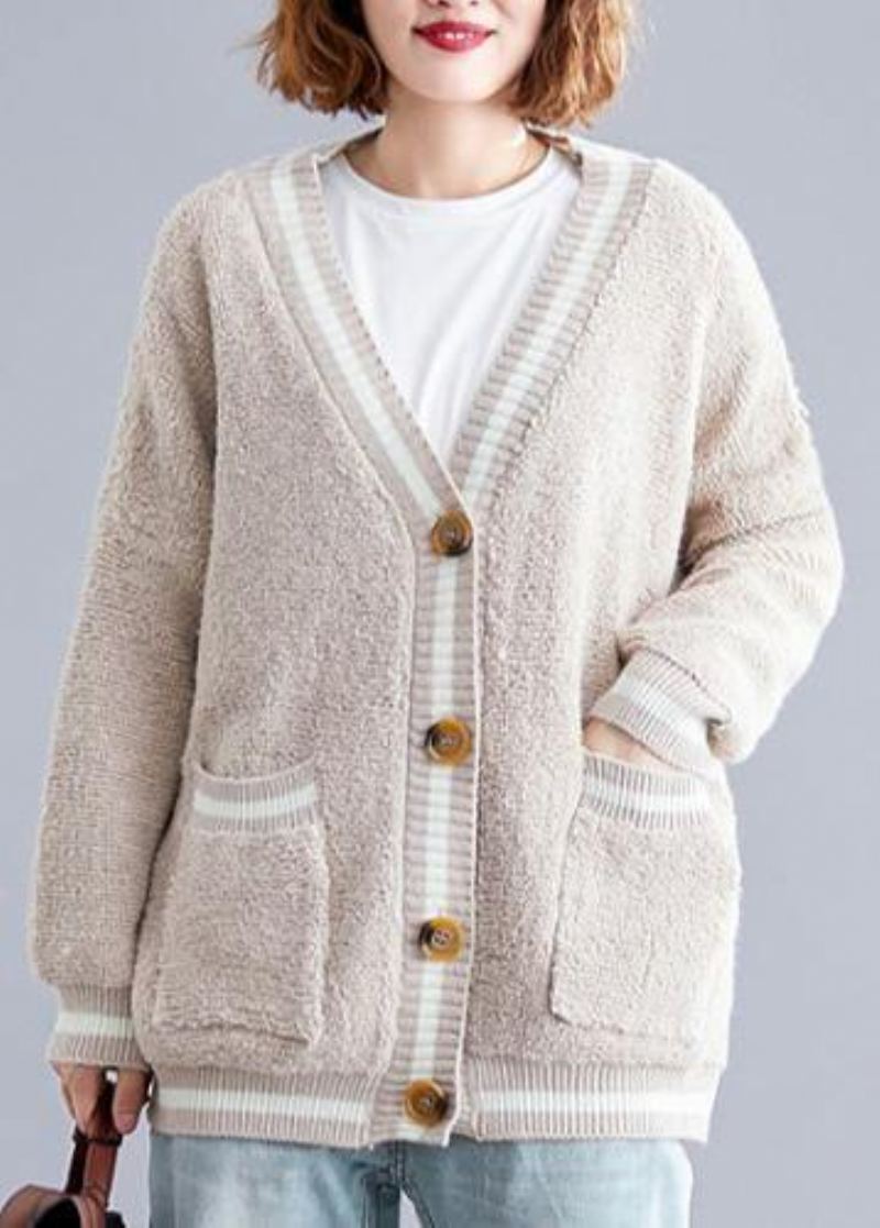 Esthétique Col En V Beige Tricot Outwear Surdimensionné Automne