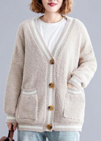 Esthétique Col En V Beige Tricot Outwear Surdimensionné Automne