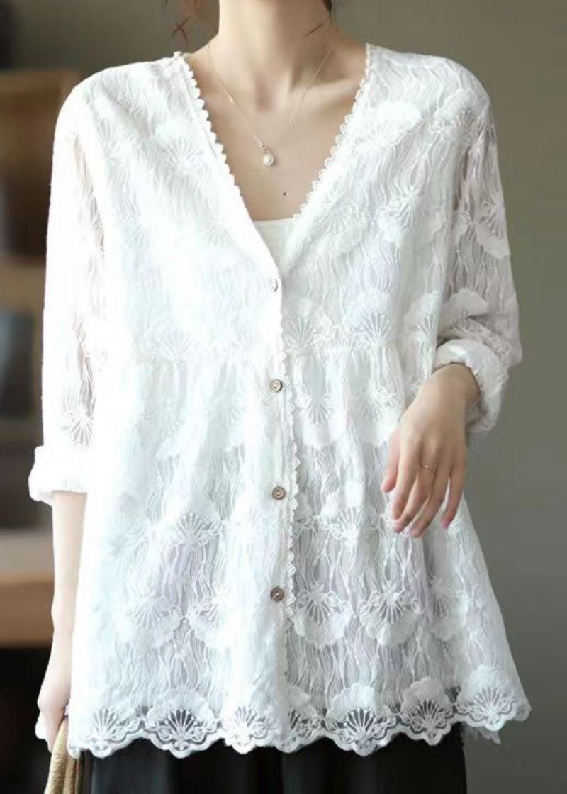 Femmes Blanc Col En V Brodé Dentelle Cardigans Hauts Printemps - Cardigans femmes