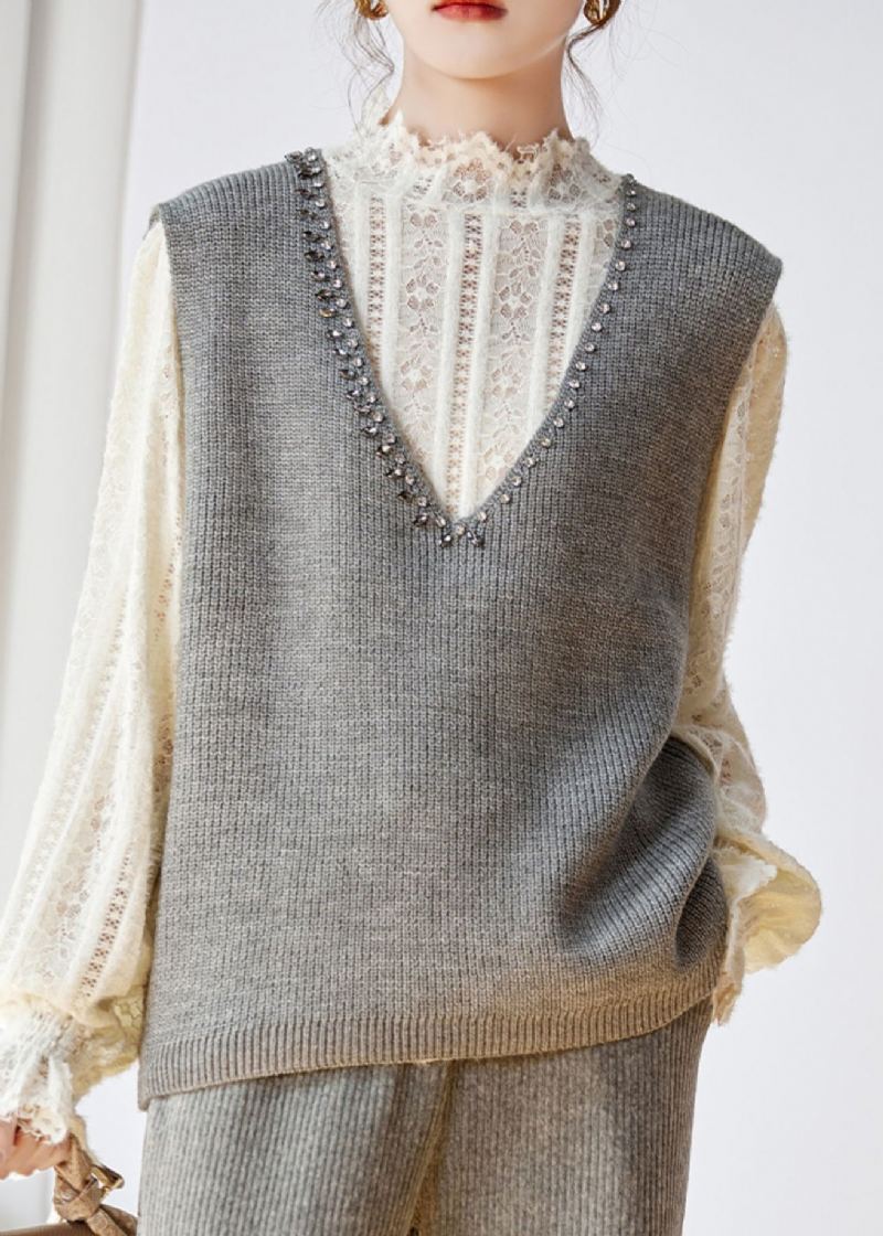 Femmes Gris Col En V Zircon Patchwork Tricot Gilet Sans Manches - Cardigans femmes