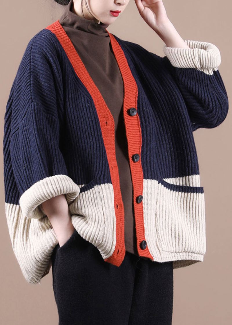 Femmes Marine Col En V Patchwork Bouton Épais Tricot Pulls Manteaux Automne - Cardigans femmes