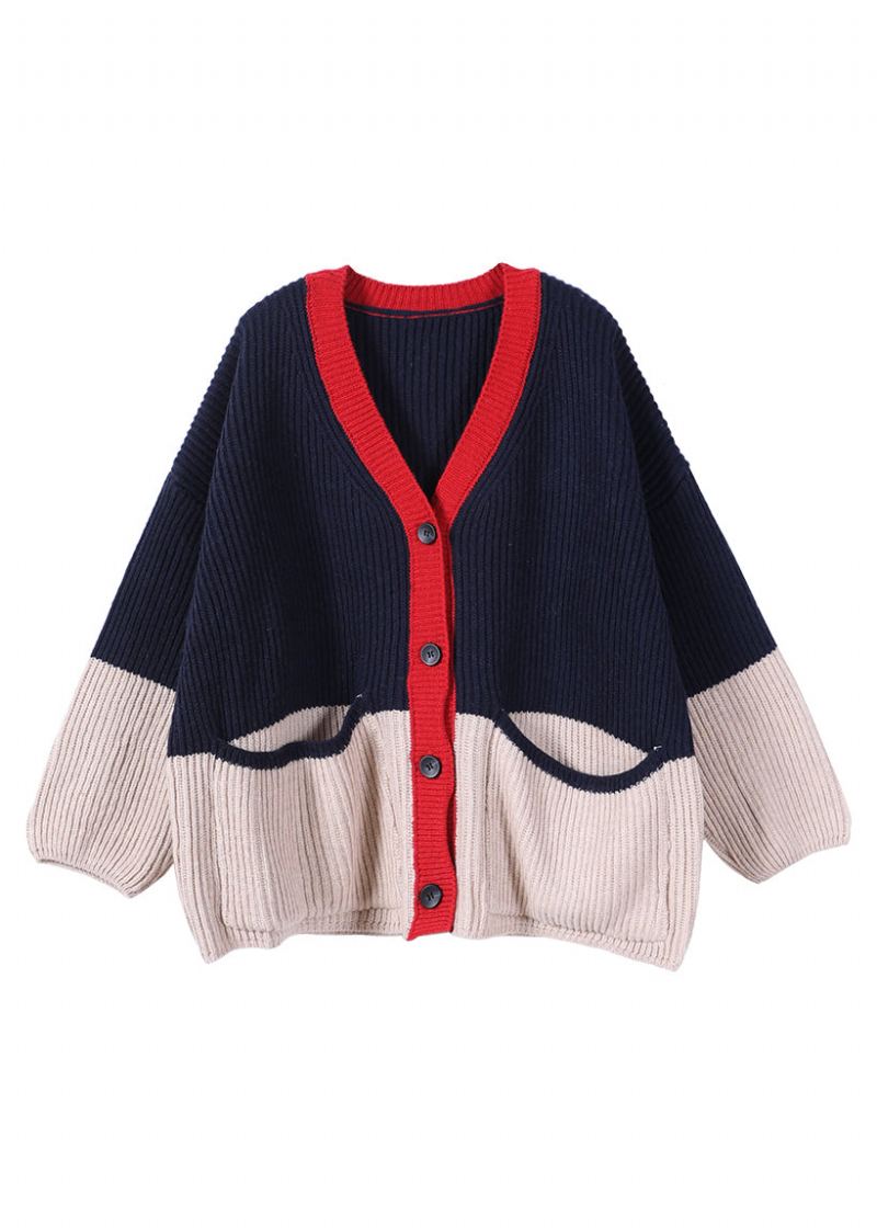 Femmes Marine Col En V Patchwork Bouton Épais Tricot Pulls Manteaux Automne - Cardigans femmes