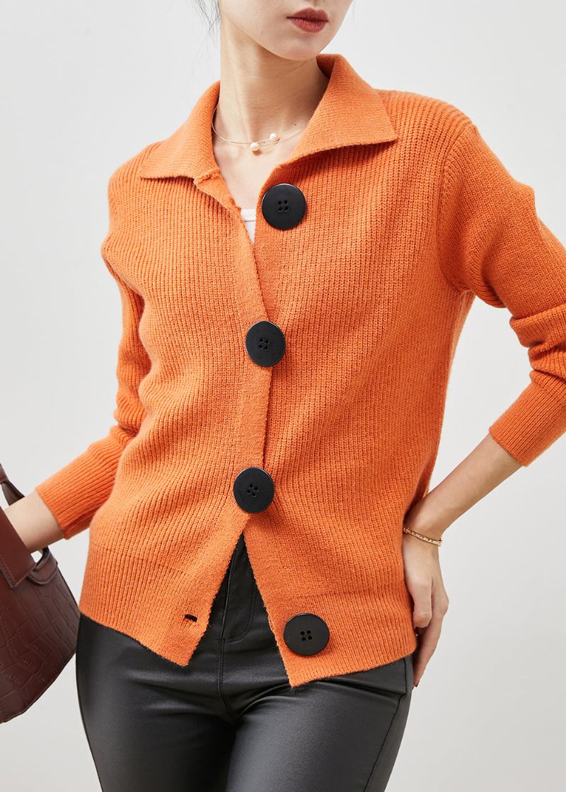 Femmes Orange Col Claudine Boutonné Tricot Cardigans Printemps