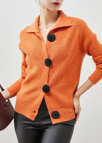 Femmes Orange Col Claudine Boutonné Tricot Cardigans Printemps