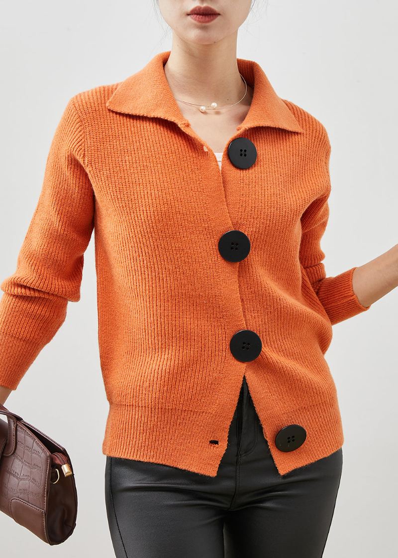 Femmes Orange Col Claudine Boutonné Tricot Cardigans Printemps - Cardigans femmes