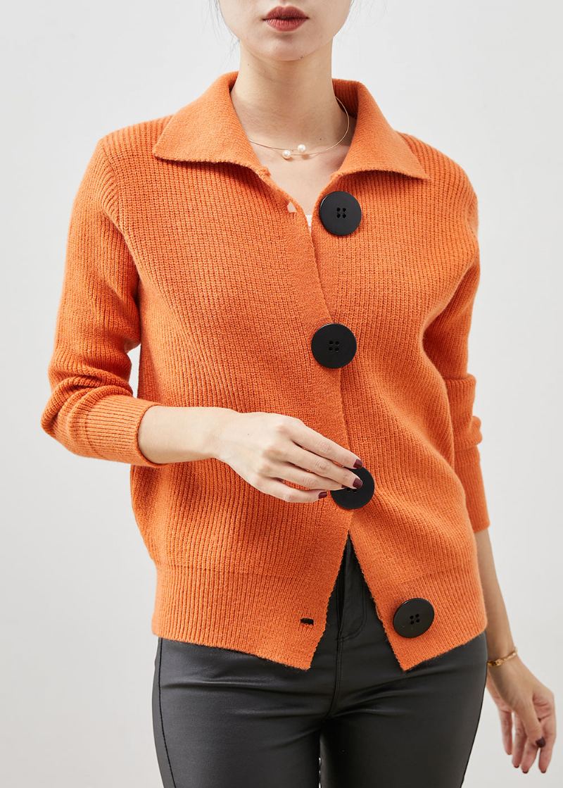 Femmes Orange Col Claudine Boutonné Tricot Cardigans Printemps - Cardigans femmes