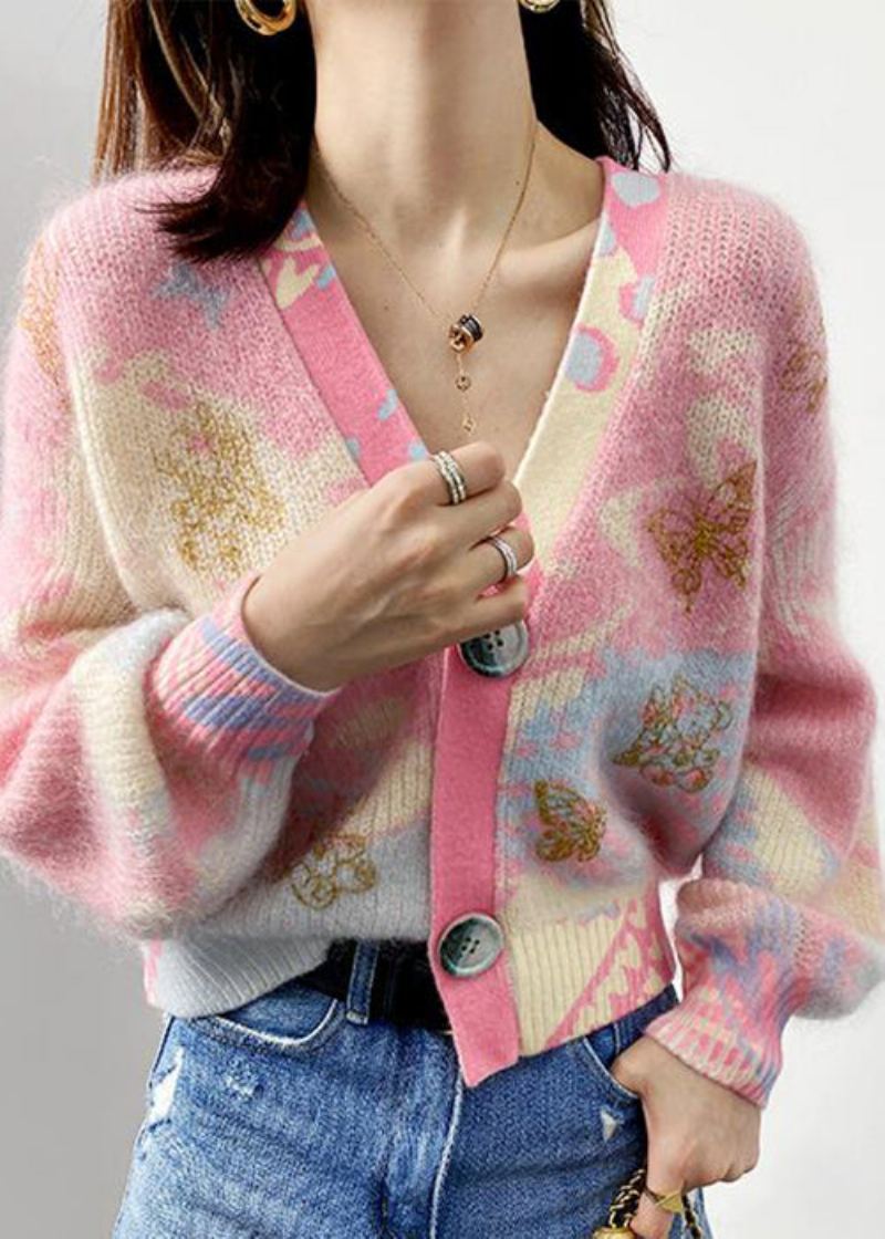 Femmes Rose Col En V Bouton Patchwork Coton Tricot Manteaux À Manches Longues - Cardigans femmes