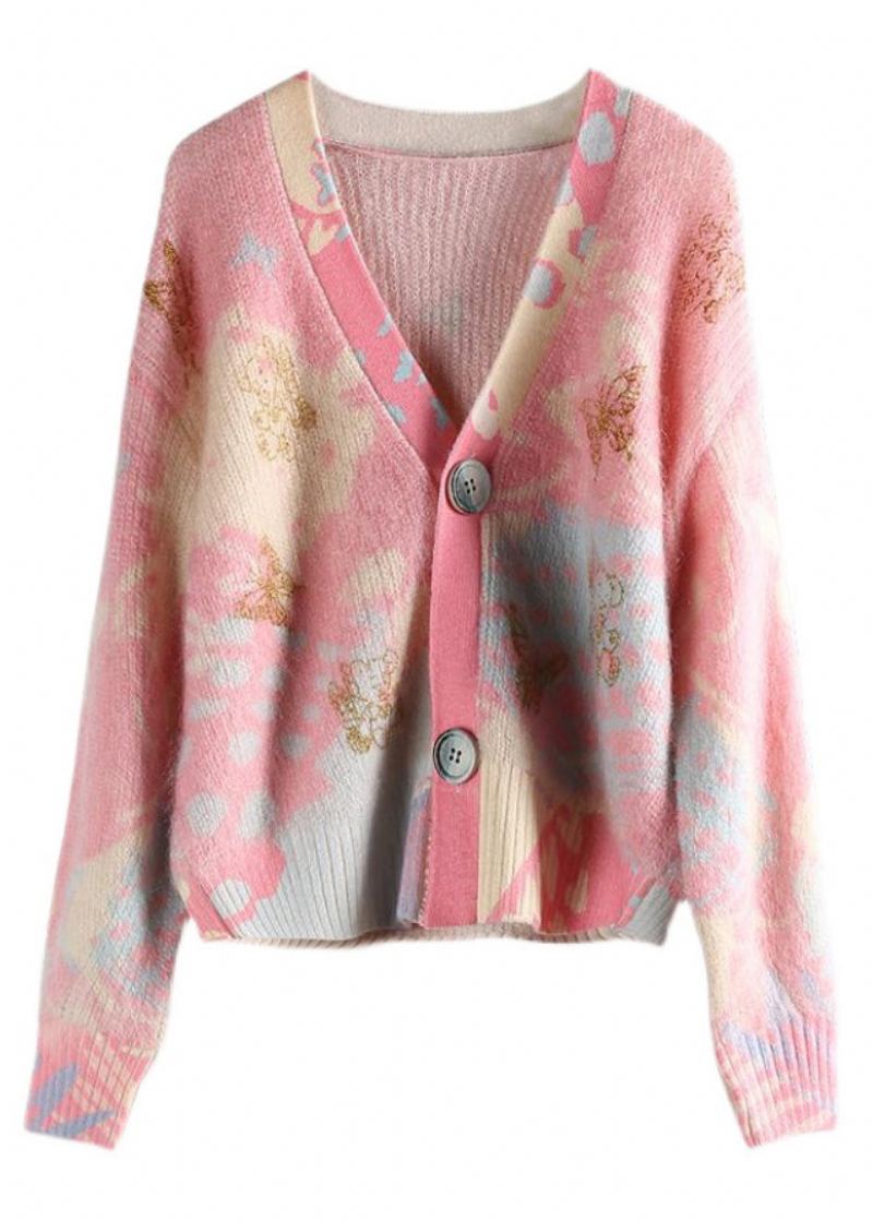 Femmes Rose Col En V Bouton Patchwork Coton Tricot Manteaux À Manches Longues - Cardigans femmes