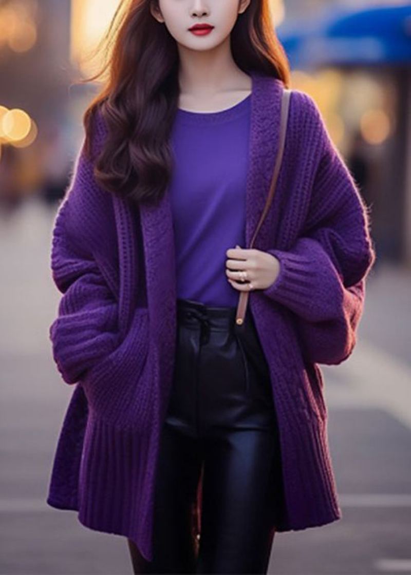 Femmes Violet Col En V Poches Coton Tricot Cardigan À Manches Longues