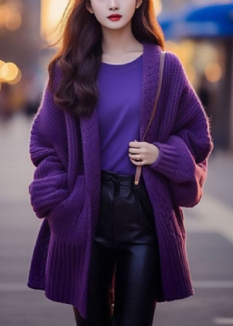 Femmes Violet Col En V Poches Coton Tricot Cardigan À Manches Longues