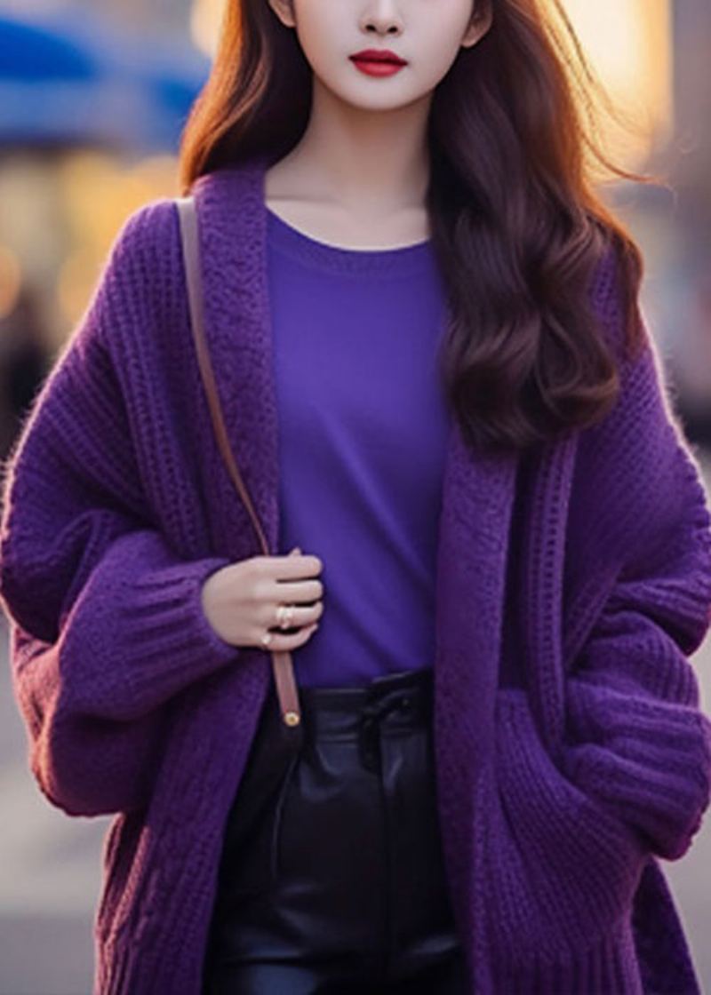 Femmes Violet Col En V Poches Coton Tricot Cardigan À Manches Longues - Cardigans femmes