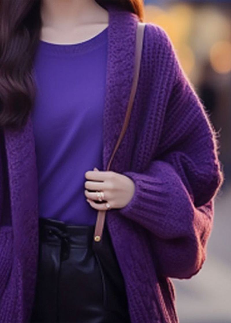 Femmes Violet Col En V Poches Coton Tricot Cardigan À Manches Longues - Cardigans femmes