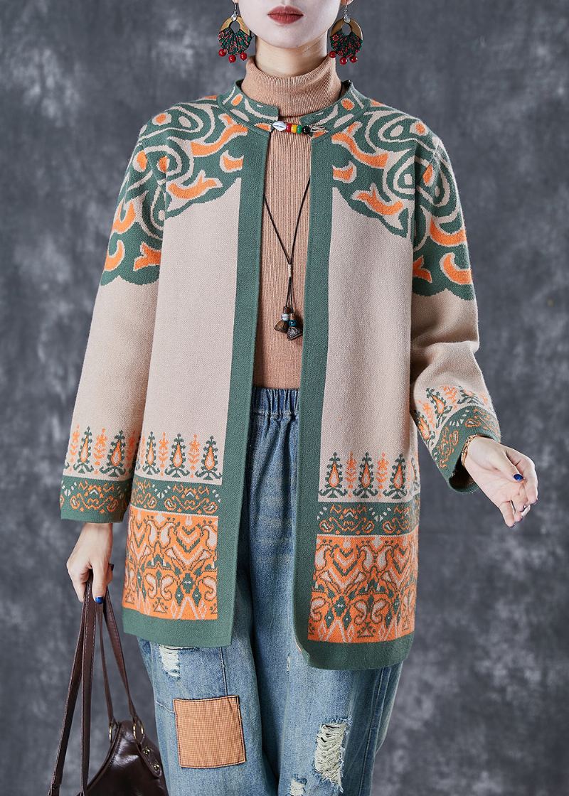 French Light Camel Cardigan Surdimensionné En Coton Imprimé Automne