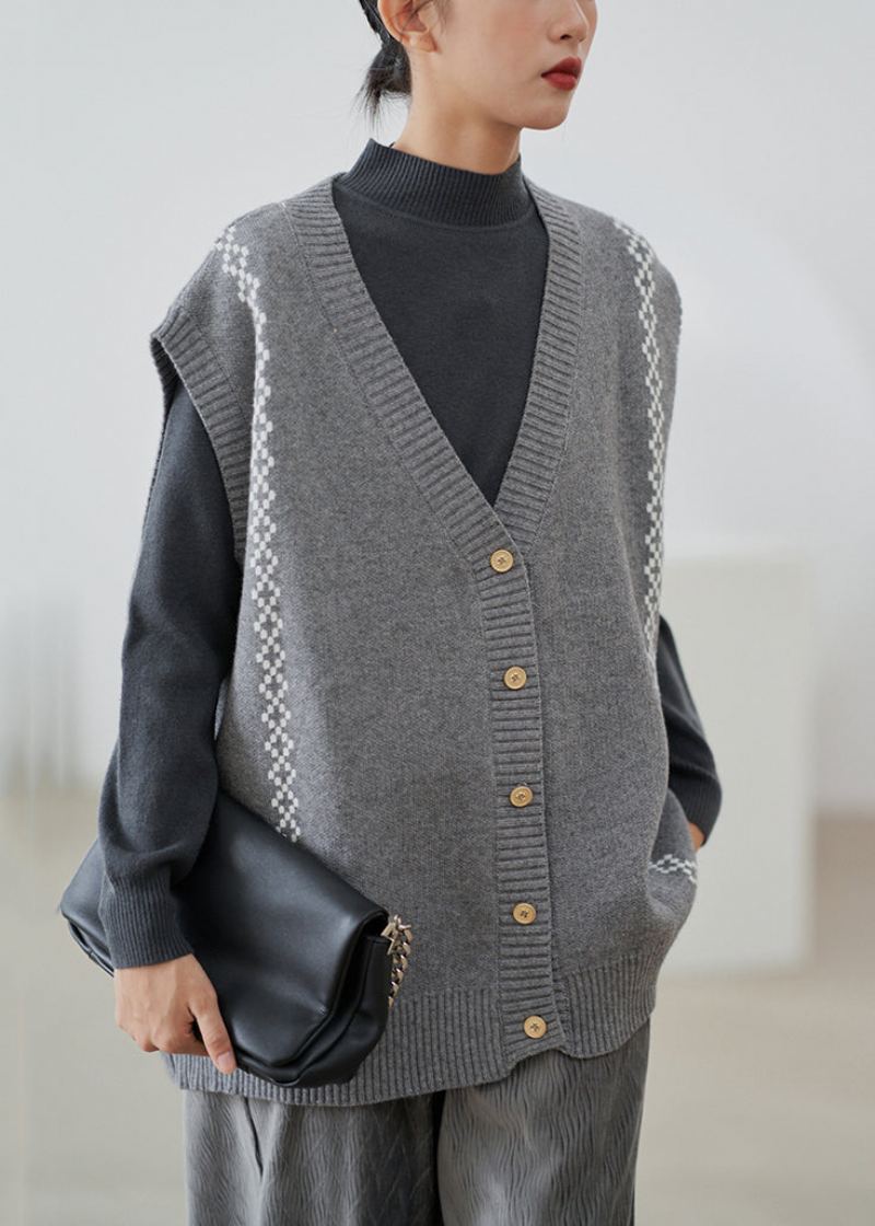 Gilet Ample Gris En Tricot Confortable Avec Boutons Et Col En V Sans Manches - Cardigans femmes