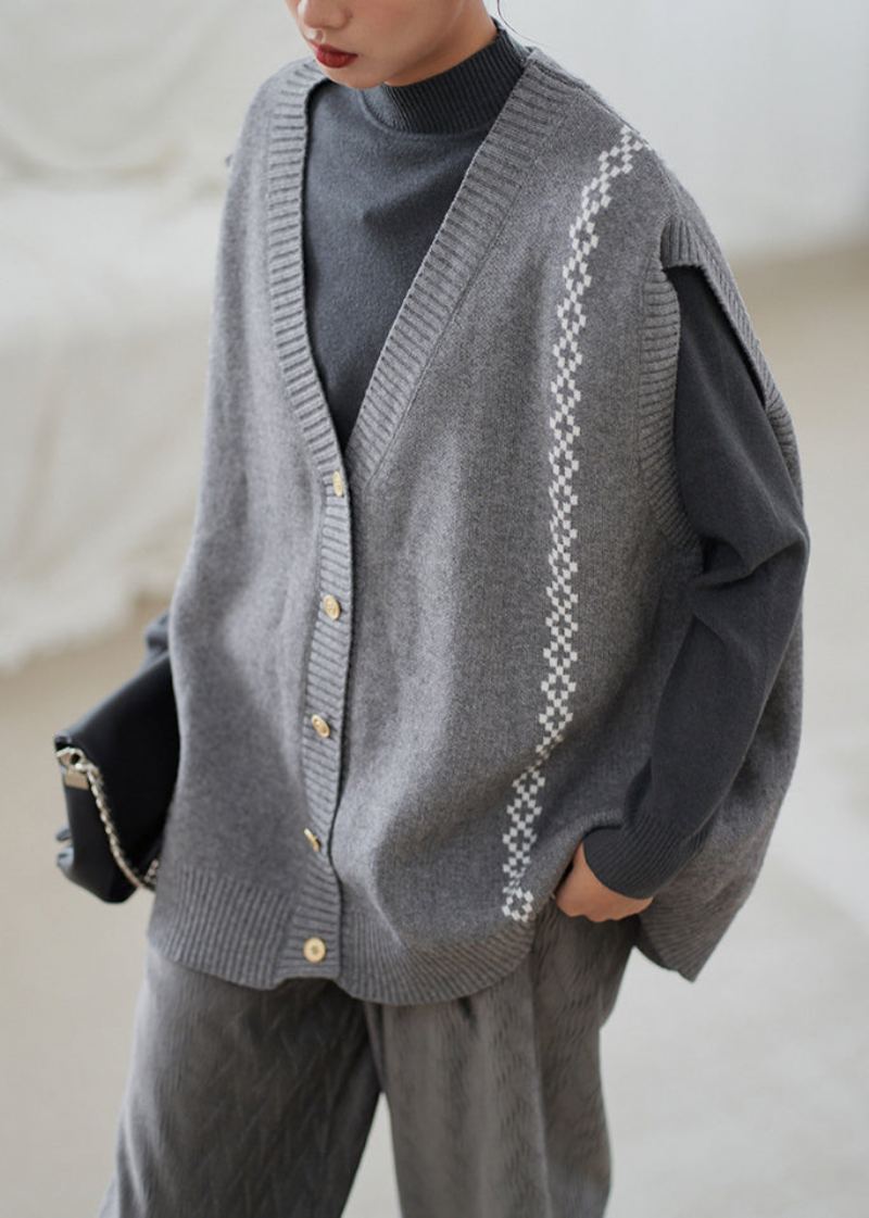 Gilet Ample Gris En Tricot Confortable Avec Boutons Et Col En V Sans Manches - Cardigans femmes