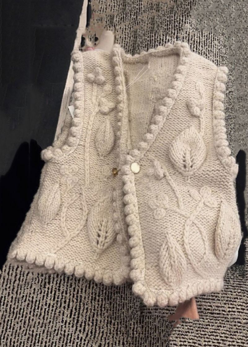 Gilet Beige Chic En Tricot De Coton Boutonné À Col En V Sans Manches