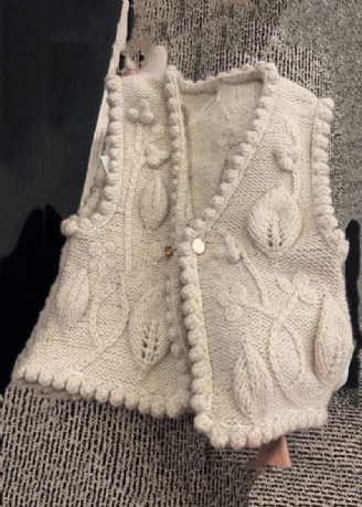 Gilet Beige Chic En Tricot De Coton Boutonné À Col En V Sans Manches