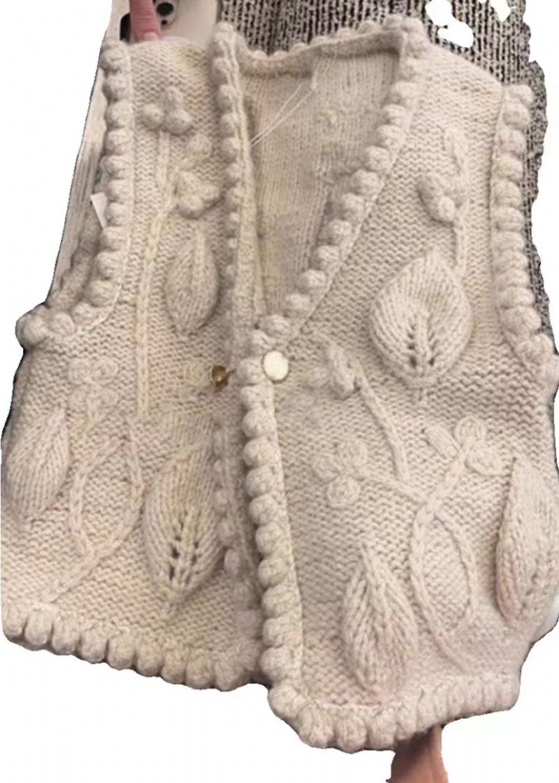 Gilet Beige Chic En Tricot De Coton Boutonné À Col En V Sans Manches - Cardigans femmes