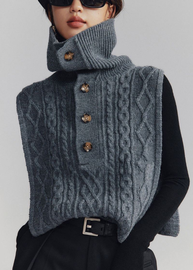 Gilet À Col Roulé Gris Foncé Français Boutonné En Tricot Torsadé Sans Manches