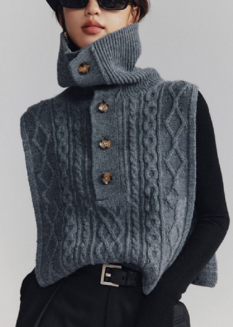 Gilet À Col Roulé Gris Foncé Français Boutonné En Tricot Torsadé Sans Manches