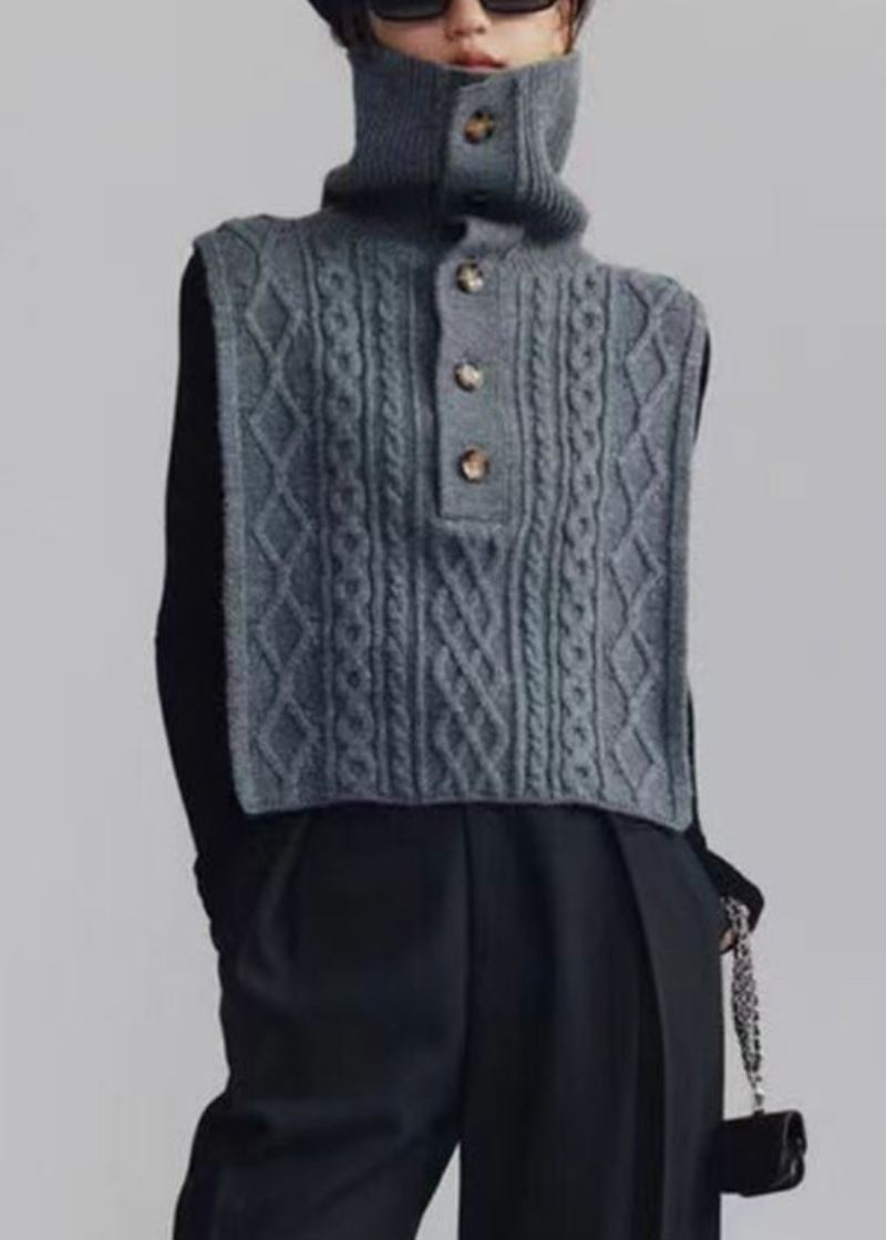 Gilet À Col Roulé Gris Foncé Français Boutonné En Tricot Torsadé Sans Manches - Cardigans femmes