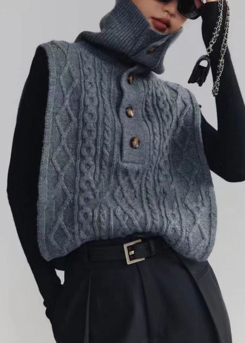 Gilet À Col Roulé Gris Foncé Français Boutonné En Tricot Torsadé Sans Manches - Cardigans femmes