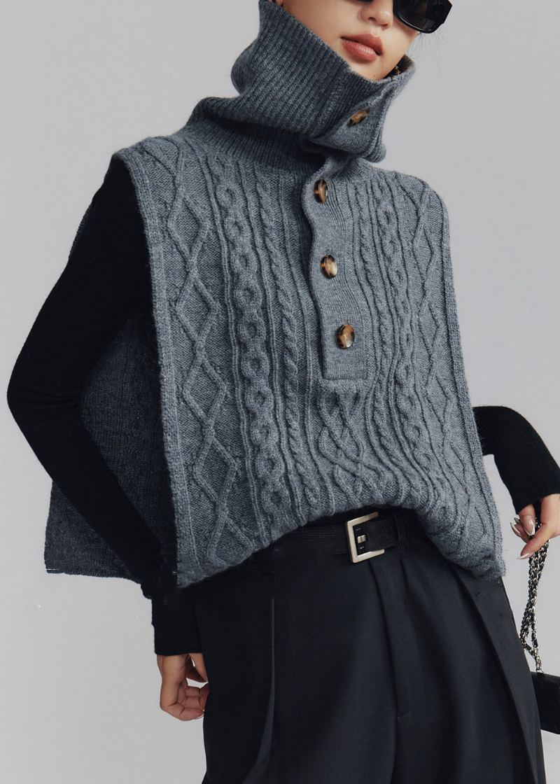 Gilet À Col Roulé Gris Foncé Français Boutonné En Tricot Torsadé Sans Manches - Cardigans femmes